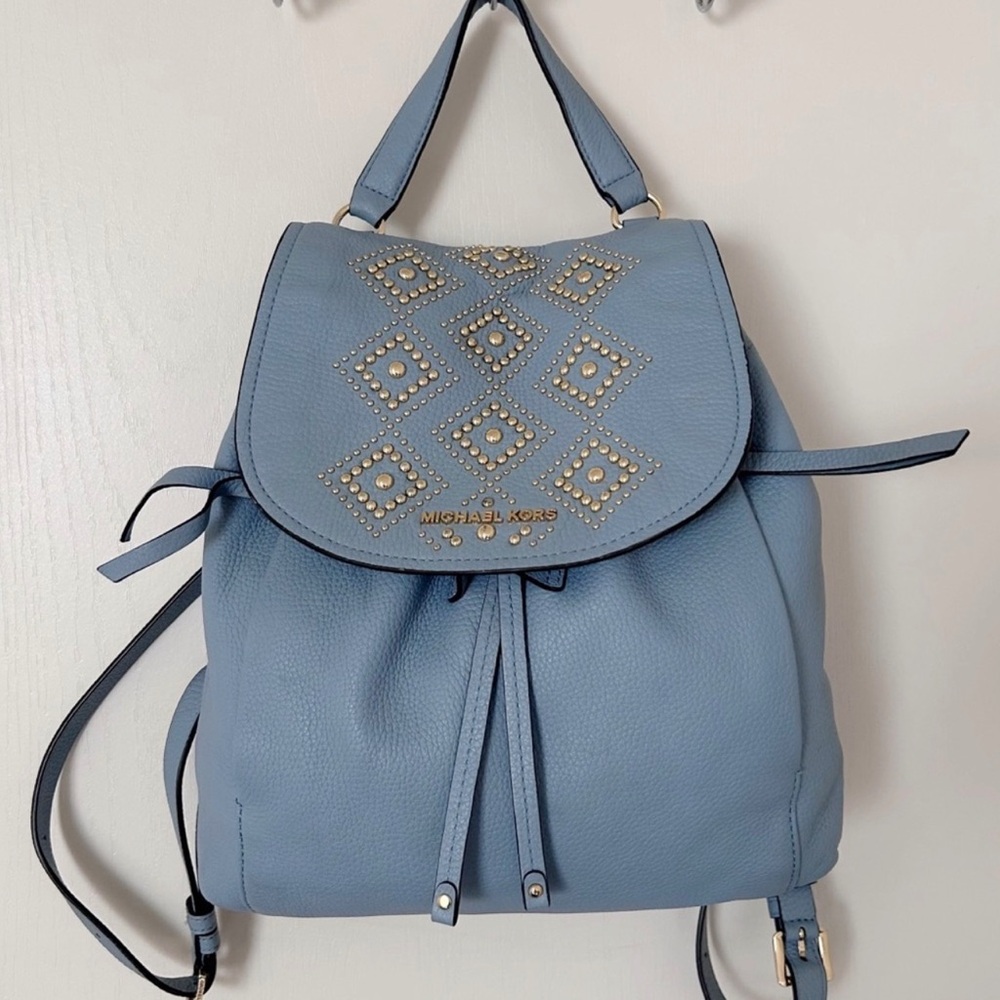 Gold Studded | Drawstring Flap Backpack | Pale Blue - Picture 3 of 17